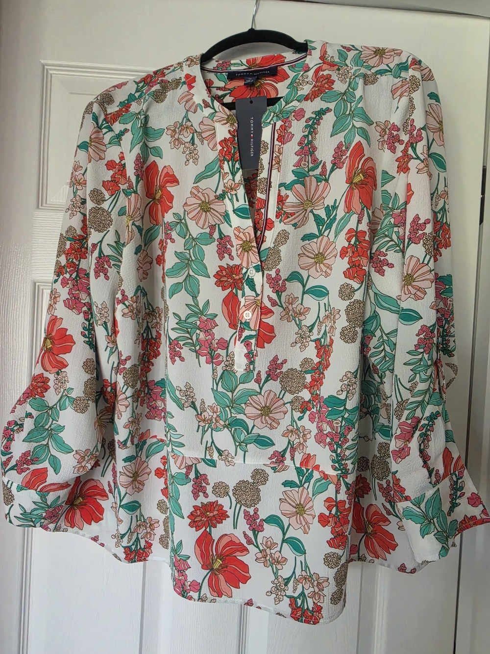 Tommy Hilfiger White Floral V-Neck Blouse with Coral & Teal
